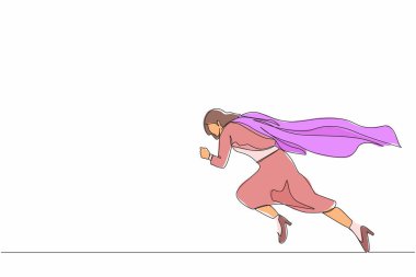 Tek sıra halinde koşan süper iş kadını. İş dünyasının süper kahramanı görev başında, iş konsepti hedefinde, başarıda ve başarıda. Bir çizgi çizimi grafik tasarım vektör çizimi