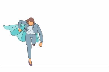 Devamlı bir çizgi çizerek iş kahramanlığı yapıyor. Cape super kahraman eylemleri yapan iş kadını. Profesyonel çalışan güçlü süper kahramanlar. Başarı, liderlik. Tek çizgi tasarım vektörü grafiği