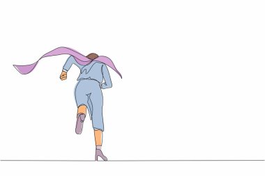 Ofise koşan iş kadını süper kahraman olarak geriye doğru bakan tek satır. Güçlü iş kadını fikirlere, yeniliğe hevesli. Modern sürekli çizgi çizimi tasarım grafik vektör çizimi