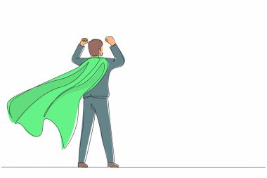 Tek sıra halinde geri görüş alan süper iş adamı. Güçlü tabanlı ve takım elbiseli adam. İş hayatında başarı ve zafer. Pelerinli süper kahraman. Dinamik bir çizgi çizer grafik tasarım vektörü çizer