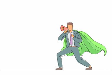 Megafonla konuşan tek bir süper kahraman çizgisi. Pelerinli bir süper kahraman, elinde megafon tutan mutlu bir iş adamı, başarılı bir takım lideri. Dinamik bir çizgi çizer grafik tasarım vektörü çizer