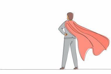 Takım elbiseli ve pelerinli kendine güvenen bir işadamı. Başarılı bir süper kahraman girişimci olarak. Liderlik, başarı ve kariyer. Tek çizgi çizimi tasarım vektörü grafiği