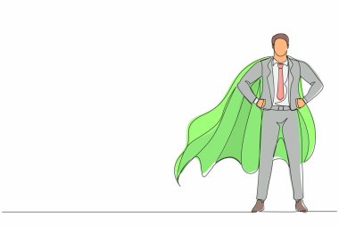 Tek sıra halinde, süper kahraman pelerini giyen bir iş adamı. Süper kahraman gibi giyinmiş bir iş adamı. Başarılı iş adamı pelerinli süper kahraman. Devamlı çizgi çizimi grafik vektörü