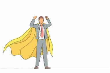Tek satır halinde iş adamı süper kahraman karakteri, ofis çalışanı süper kahraman. Pelerinli ya da pelerinli bir iş adamı, süper kahraman pozunda duruyor. Aralıksız çizgi çizimi tasarım grafik vektör çizimi