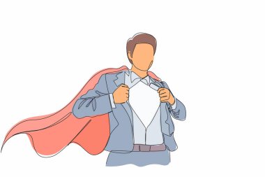 Tek sıra halinde, takım elbiseli, kravatlı yakışıklı bir genç. Başarılı bir iş adamı. Kahraman, gömleğini yırtıyor. Modern sürekli çizgi çizimi tasarım grafik vektör çizimi