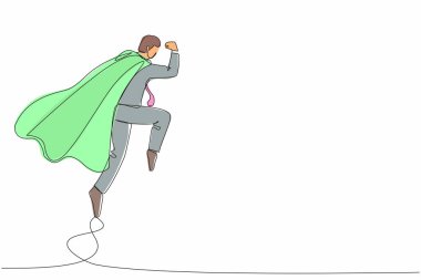 Tek sıra halinde süper kahraman işadamı savuşturma darbesi. Süpermen kostümü ve manto giymiş adam dövüşten sonra ayakta duruyor. Zafer, kazanan konsept. Modern sürekli çizgi tasarımı grafik vektör çizimi