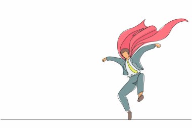 Sürekli olarak pelerinli erkek iş adamı çiziyor. Gökyüzünden başarılı bir süper kahraman indi. Liderlik, hedefe ulaşmak için meydan oku. Tek çizgi çizimi tasarım vektörü grafik çizimi