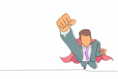 Tek sıra halinde, pelerin giyen süper kahraman iş adamını çekiyor. Yönetici lideri kollarını sıkarak havalanıyor. Süper iş adamı ileri uçar. Bir çizgi çizimi tasarım vektörü illüstrasyonu