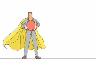 Genç iş adamının çizdiği tek çizgi güçlü bir süper kahramanın gerçek kimliğini açığa çıkarıyor. Süper kahraman tişörtünü yırtıyor ve kostüm giyiyor. Modern sürekli çizgi çizimi tasarım grafik vektör çizimi