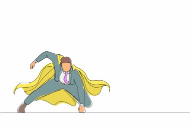 Devamlı bir çizgi halinde, güçlü bir harekette süper kahraman mantosuyla genç iş adamlarını kendine çekiyor. Ofis çalışanı kariyer başarısı için savaşmaya hazır. Tek çizgi çizimi tasarım vektörü grafik çizimi