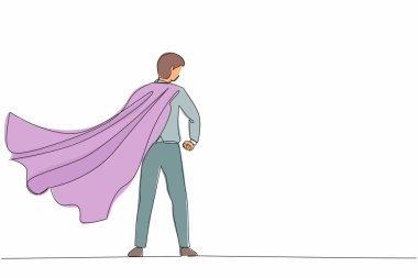 Tek sıra halinde pelerinli süper kahraman rüzgarda çırpınıyor. Sırtını kolluyor. Başarılı iş adamı kahramanı. İş başarısı, liderlik ve zafer. Bir çizgi çizimi grafik tasarım vektörü