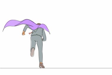 Ofise koşan iş adamı süper kahramanını geriye doğru çeken tek satır. Fikirler ve yenilikler konusunda hevesli güçlü bir iş adamı. Modern sürekli çizgi çizimi tasarım grafik vektör çizimi