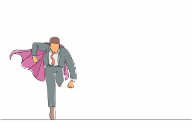 Bir satırlık iş kahramanı çizimi. Cape super kahraman eylemleri yapan bir iş adamı. Profesyonel çalışan güçlü süper kahramanlar. Başarı, liderlik. Devamlı çizgi çizimi grafik vektörü