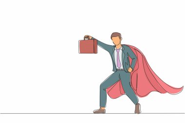 Sürekli bir çizgi halinde erkek işadamı süper kahraman bavuluyla ayakta duruyor. Genç bir ofis çalışanının portresi. Ofis, iş, çalışan konsepti. Tek çizgi çizimi tasarım vektörü grafik çizimi