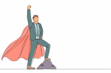 Ofis kıyafetli süper kahraman iş adamının peleriniyle yukarı doğru uçması. Neşeli adam başarısından dolayı sevinçle yumruğunu kaldırıyor. Tek çizgi tasarım vektör grafik çizimi