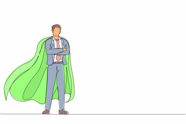 Tek sıra halinde kararlı bir işadamı ya da ofis çalışanı pelerinli süper kahramanı çekiyor. İş hayatında liderlik ve güç kavramı. Dinamik bir çizgi çizer grafik tasarım vektörü çizer
