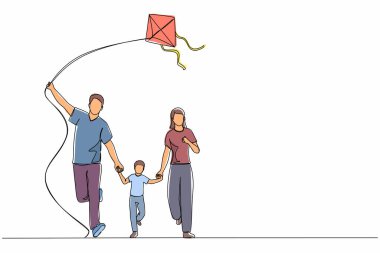 Aileler ve çocukların parkta yürüdüğü tek bir hafta sonu çizgisi. Eğlenceli bir aile koşusu, tatilde doğada dinlenme. Baba, anne ve çocuk uçurtmayı fırlatıyor. Bir çizgi çizme tasarım vektörü