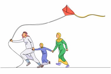 Uçurtma uçuran mutlu Arap ailesini çizmeye devam et. Anne, baba ve küçük kızları yaz festivalinde uçurtma uçuruyorlar. Tek çizgi tasarım vektör grafik çizimi