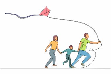 Tek sıra halinde uçan uçurtmayla koşan mutlu bir aile çiziyor. Anne, baba ve oğul uçurtma fırlatıyor. Açık hava eğlence aktiviteleri. Modern sürekli çizgi çizimi tasarım grafik vektör çizimi