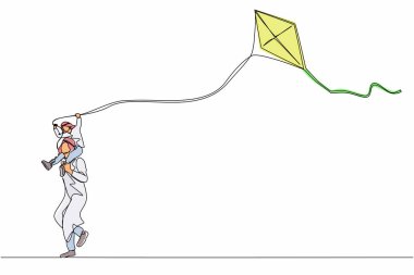 Tek bir çizgi, tek çizilmiş. Oğlu omuzlarında taşıyan, çocukla oynayıp koşan Arap bir baba. Babası ve çocuğu uçurtma uçururken beyaz arka planda izole edilmiş. Devamlı çizgi çizimi grafik vektörü