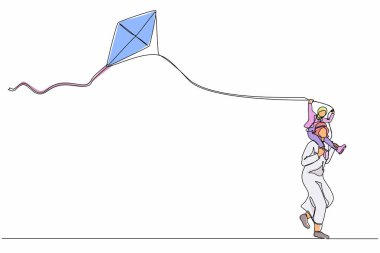 Tek sıra halinde baba-kız çizerek eğlenin, uçurtma uçurun. Arap baba kızını omuzlarında taşıyor. Mutlu baba ve çocuk birlikte boş zaman geçiriyorlar. Bir çizgi çizimi grafik tasarım vektörü