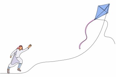 Aktif Arap iş adamlarının uçan uçurtmayla koştuğu bir hat. Fırsatlar için yarış, hayalleri yakala. Başarı ürünü başlatma metaforu. Tek çizgi çizimi tasarım vektörü grafik çizimi