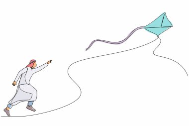 Tek sıra halinde uçan bir uçurtmayla koşan Arap iş adamı çiziyor. Fırsatlar için yarış, rüya metaforu yakala, projeyi yönet. Dinamik bir çizgi çizer grafik tasarım vektörü çizer
