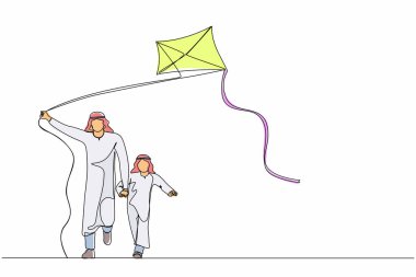 Tek sıra halinde, parka uçurtma fırlatan Arap baba ve oğlunu çekiyor. Mutlu genç baba ve çocuk birlikte boş zaman geçiriyorlar. Dinamik bir çizgi çizer grafik tasarım vektörü çizer