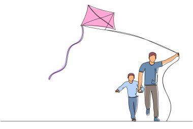 Tek sıra halinde genç baba ve oğulun uçurtmayı birlikte fırlatması ebeveynlik kavramı baba ve çocuğun uzun süre birlikte zaman geçirmesi. Dinamik bir çizgi grafik tasarım vektörü çizimi