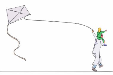 Mutlu bir Arap babasının uçurtmayla koşan kızını omuzlarında taşıdığı tek sıra. Baba ve kız çocuğu birlikte boş zaman geçiriyorlar. Devamlı çizgi çizimi grafik vektörü