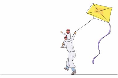 Bir çizgi aralıksız geri çekiliyor. Arap babası, mutlu çocuğa açık havada uçurtma uçururken sırt üstü binmesini sağlıyor. Baba oğlunu omuzlarında taşır ve kırsalda uçurtma uçurur. Tek çizgi çizme tasarım vektörü