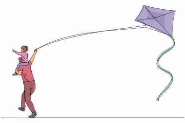 Geriye doğru bakan tek çizgi mutlu aile babası kızını omuzlarında taşırken uçurtmayla koşuyor. Baba ve kız çocuğu birlikte boş zaman geçiriyorlar. Devamlı çizgi çizimi grafik vektörü