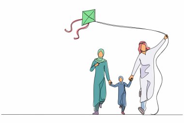 Tek sıra halinde, anne ve babasıyla parkta yürüyen bir Arap aile hafta sonu çiziyor. Eğlenceli bir aile koşusu, tatilde doğada dinlenme. Baba, anne, kız uçurtmayı fırlatıyor. Devamlı çizgi çizim tasarım vektörü