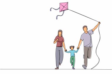 Aileler ve çocukların parkta yürüdüğü bir hafta sonu çizgisi devam ediyor. Eğlenceli bir aile koşusu, tatilde doğada dinlenme. Baba, anne ve kız uçurtma fırlatırlar. Tek çizgi çizme tasarım vektörü