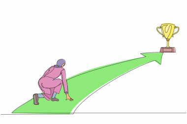 Arap iş kadınlarını kendine çeken tek sıra, iş hayatına başlama hedefini belirlemeye hazır ol. Kupaya uzanıyorum. İş konsepti. Bir çizgi grafik tasarım vektörü