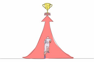 Aralıksız bir çizgi, kupa için uzanır. Arap iş kadını hedefe koşuyor. Hedef, başarı, gelişme, yetenek, zafer ve motivasyon için çalışan bir kadın. Tek çizgi çizimi tasarım vektörü grafiği