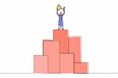 Büyük grafik çubuğunda duran ve kupayı kaldıran tek sıra Arap iş kadını. Kazanan poz. Başarı, hedef, başarı ve konsept. Bir çizgi çizimi grafik tasarım vektör çizimi