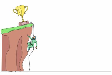 Tek sıra halinde dağcı kendini ipe asar ve kupa kazanmak için kayalık bir dağın tepesine tırmanır. Uçuruma tırmanan aşırı Arap iş kadını. Bir çizgi grafik tasarım vektörü