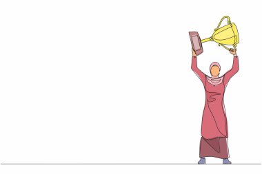 Arap iş kadınlarını ayakta tutan ve kupa kaldıran tek sıra. Kariyer hedefi ikonu. Zafer işareti ya da sembol. Kazanan poz. Başarı, hedef, başarı. Bir çizgi çizimi grafik tasarım vektörü