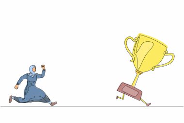 Bir satırda Arap iş kadını ödül yakalamaya çalışıyor. Kadın koşuyor ve koşuyor. Kaçan kupayı kovalıyor. İş meydan okuma metaforu. Devamlı çizgi tasarımı grafik vektör illüstrasyonu