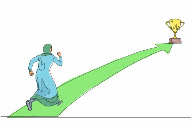 Bir satır Arap iş kadınını kupa almak için ileri ok üzerinde koşarken çekiyor. Kariyerine ve işine başlamaya hazır insanlar. Müdür hedefe doğru koşuyor. Devamlı çizgi çizimi tasarım vektörü grafiği