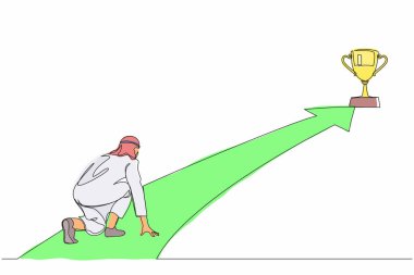 Arabistanlı işadamının çizdiği tek bir çizgi, hızlı koşu için başlangıç pozisyonunda iş hedefine hazırlanıyor. Kupaya uzanıyorum. İş konsepti. Devamlı çizgi tasarım grafik vektörü