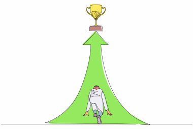 Tek sıra halinde geri çekilen Arap işadamı güzergahın sonunda kupa için koşmaya hazır. Vizyon görevi ve iş amacı. Erkek, hedefine, motivasyonuna koşar. Tek çizgi çizme tasarım vektörü