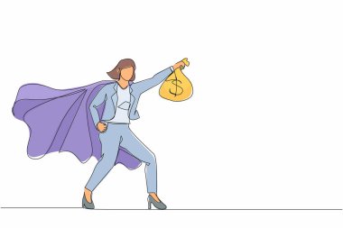 Gelirin sembolü olan süper kahraman iş kadını çizen tek satır. Mutlu çalışan süper kahraman para çantası metaforu gösteriyor. Gelir, yatırım, kar, büyüme. Devamlı çizgi çizimi grafiği