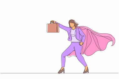 Tek sıra halinde bavulla duran kadın iş kadını süper kahraman. Genç bir ofis çalışanının portresi. Ofis, iş, çalışan konsepti. Bir çizgi grafik tasarım vektör çizimi