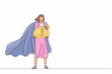 Finansal başarıdan muazzam kârlar elde eden kesintisiz bir hat. Para dolu çantalı süper iş kadını kahraman. İş metaforu. Başarı, kariyer. Tek çizgi çizimi tasarım vektörü grafik çizimi