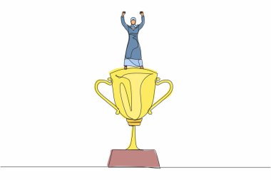 Arap iş kadını sürekli el kaldırdı ve kupa üzerinde durdu. Kadın iş ödülünü kutluyor. Başarının iş metaforu, takdir. Tek çizgi çizme tasarım vektörü