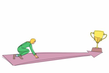 Tek sıra halinde, yan görüş çizen Arap iş kadını yolun sonunda kupa için koşmaya hazır. Vizyon görevi ve iş amacı. Dişi, hedefine koşuyor. Bir çizgi çizimi grafik tasarım vektörü