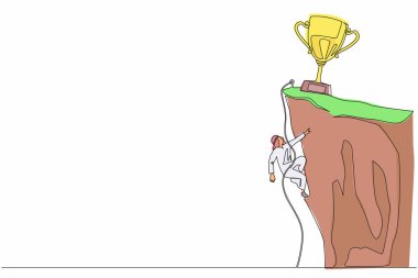 Tek sıra halinde dağcı kendini ipe asar ve kupa kazanmak için kayalık dağ duvarının tepesine tırmanır. Uçuruma tırmanan aşırı Arap işadamı. Devamlı çizgi tasarım grafik vektörü