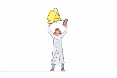 Tek sıra halinde Arap işadamı ayakta durup kupayı kaldırıyor. Kariyer hedefi ikonu. Zafer işareti ya da sembol. Kazanan poz. Başarı, hedef, başarı konsepti. Devamlı çizgi tasarım grafik vektörü